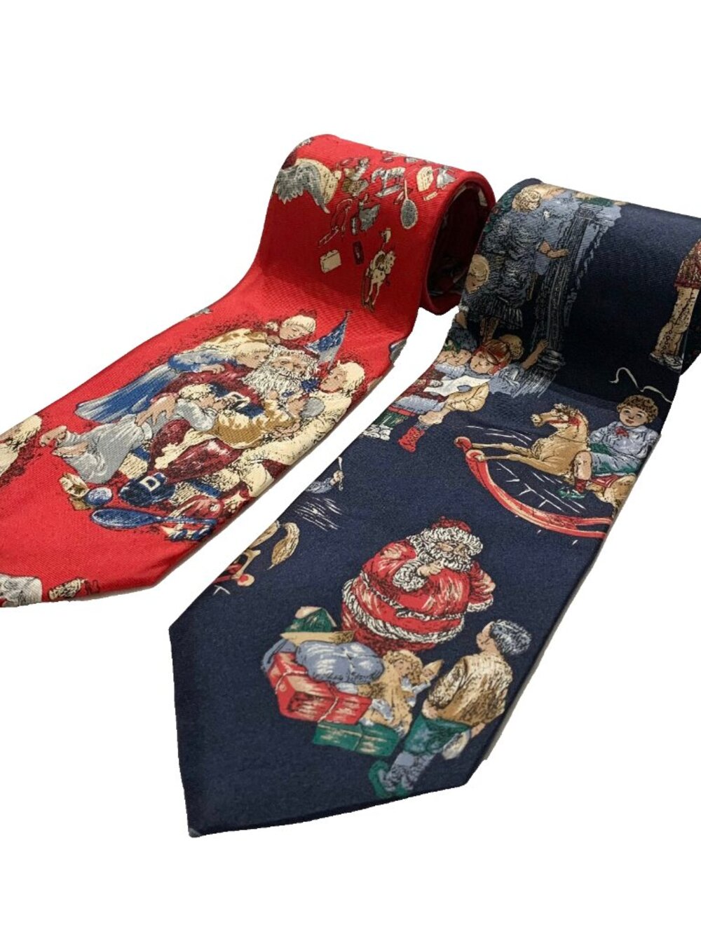 Lot of 2 Wembley Vintage Christmas Silk Ties Santa Holiday Red Blue Made USA